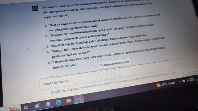 Ilustrasi cara menjawab pertanyaan "Kapan Nikah?" pakai AI ChatGPT (Liputan6.com/Giovani Dio Prasasti)