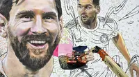 Seniman Argentina, Maximiliano Bagnasco sedang mengerjakan mural besar bergambar Lionel Messi di Wynwood, Miami, 10 Juli 2023. La Pulga akan melakukan debutnya di Inter Miami pada 21 Juli di Piala Liga. (AFP/Chandan Khanna)
