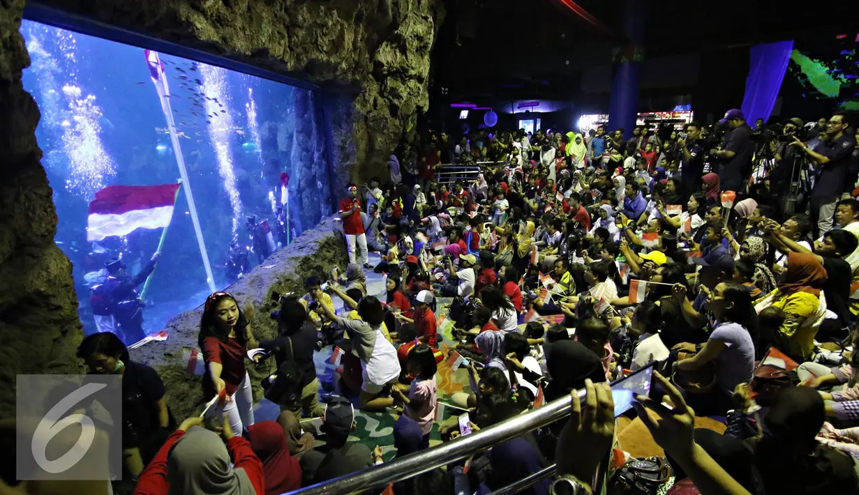 Pengunjung melihat pengibaran bendera merah putih di akuarium utama SeaWorld Ancol, Jakarta, Rabu (17/8). Kegiatan tersebut diadakan dalam rangka memperingati HUT RI ke-71. (Liputan6.com/Immanuel Antonius)