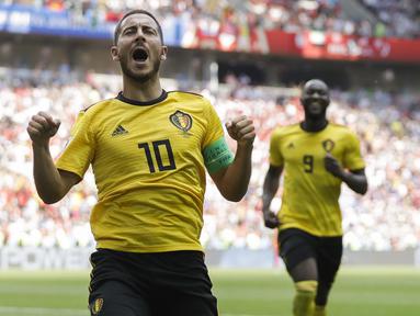 Gelandang Belgia, Eden Hazard, merayakan gol yang dicetaknya ke gawang Tunisia pada laga grup G Piala Dunia di Stadion Spartak, Moskow, Sabtu (23/6/2018). Belgia menang 5-2 atas Tunisia. (AP/Matthias Schrader)