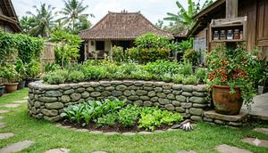 Desain Edible Garden Gaya Rustic di Halaman Belakang Rumah Desa.