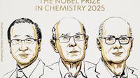 Susumu Kitagawa (Jepang), Richard Robson (Australia), dan Omar M. Yaghi (Yordania/AS) memenangkan Hadiah Nobel Kimia 2025 (Dok. The Royal Swedish Academy of Sciences).