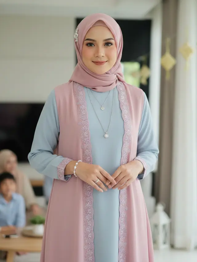 Model Gamis Rompi Terbuka Tren Busana Lebaran 2026 (Foto: Gemini AI)
