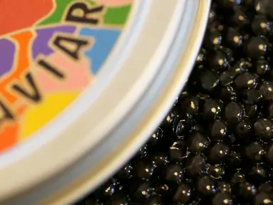 Sekaleng kaviar yang diproduksi Sturia, sebuah produsen kaviar terkemuka Prancis, di Saint-Sulpice-et-Cameyrac, 8 November 2016. Kaviar (telur ikan) merupakan salah satu makanan termahal di dunia. (REUTERS/Regis Duvignau)
