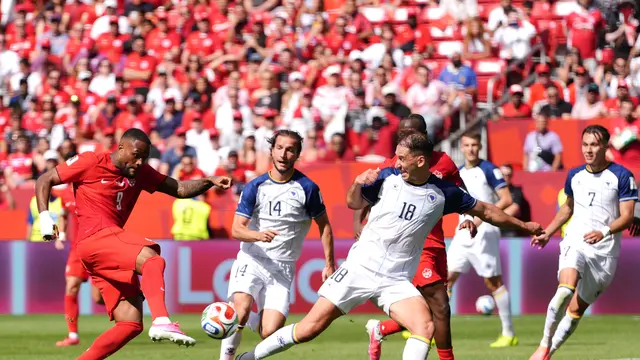 Cyle Larin mencetak gol di laga Kanada vs Bosnia dan Herzegovina di matchday 1 Grup B Piala Dunia 2026 di Toronto Stadium, Toronto, Kanada, Sabtu (13/06/2026) dini hari WIB.