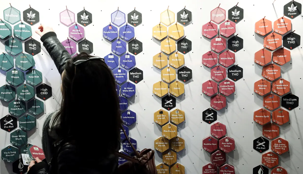 Pelanggan melihat-lihat berbagai jenis produk ganja yang tersedia di toko Fire and Flower, Ottawa, Provinsi Ontario, Kanada, Senin (1/4). Fire and Flower merupakan toko ganja legal pertama di Provinsi Ontario. (REUTERS/Chris Wattie)