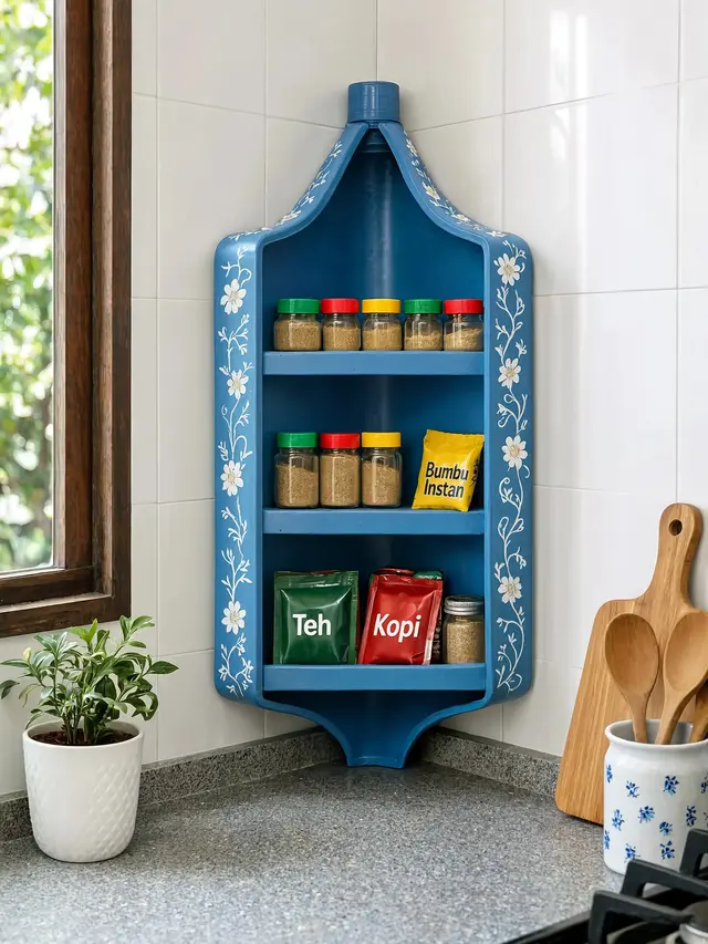 Inspirasi rak penyimpanan dari galon bekas untuk dapur mungil model sudut