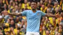 Striker Manchester City, Gabriel Jesus, merayakan gol yang dicetaknya ke gawang Watford pada laga final Piala FA di Stadion Wembley, London, Sabtu (18/5). City menang 6-0 atas Watford. (AFP/Daniel Leal-Olivas)