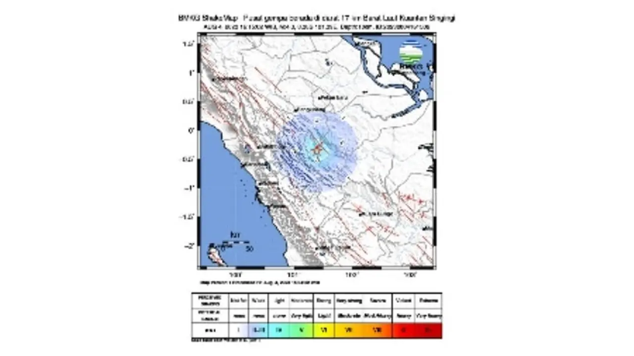 Peta gempa bumi di Kuansing, Riau, yang dikeluarkan oleh BMKG Pekanbaru.