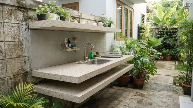 Desain Tempat Cuci Piring Belakang Rumah dengan Meja Cor Dua Tingkat