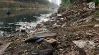 Ceceran sampah dan endapan lumpur terlihat di Kali Ciliwung Banjir Kanal Barat, Jalan Galunggung, Jakarta, Selasa (30/7/2019). Endapan lumpur dan ceceran sampah membuat Kali Ciliwung Banjir Kanal Barat terlihat kotor dan kumuh. (Liputan6.com/Helmi Fithriansyah)