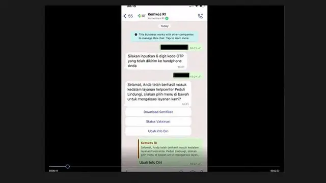Tampilan chatbot WhatsApp PeduliLindungi Kemenkes RI (Tangkapan layar YouTube Kementerian Kesehatan RI)