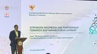 Menteri Koordinator Bidang Kemaritiman dan Investasi Luhut Binsar Pandjaitan dalam pidatonya di UAE-Indonesia Economic Forum di Raffles Jakarta, Kamis (21/9/2023).