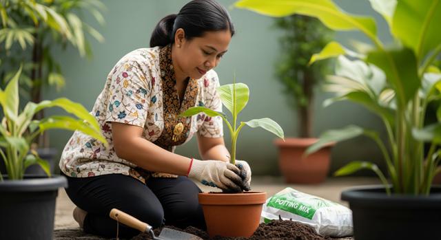 Wanita sedang menanam pisang di pot karena tidak punya lahan luas. [Foto: Gemini]