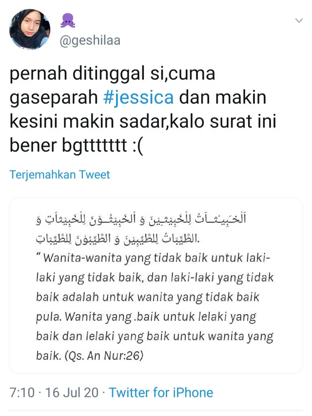 Unggahan soal Jessica Jane. (Foto: Dok. Twitter @geshilaa)