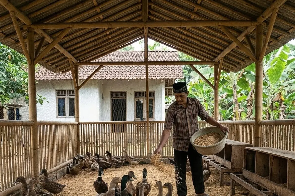 Memberi makan ternak bebek petelur di halaman rumah tanpa kolam (Gemini AI)