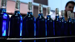 Botol anggur biru yang diproduksi di pabrik anggur perusahaan 'Gik' di Maluenda, wilayah Aragon, Spanyol, 13 September 2018. Dengan mencampurkan anggur merah dan anggur putih, Gik menghasilkan minuman anggur berwarna biru ini. (AFP/GABRIEL BOUYS)