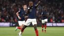 Selebrasi striker Timnas Prancis, Marcus Thuram setelah mencetak gol kedua timnya ke gawang Republik Irlandia pada laga Grup B Kualifikasi Euro 2024 di Parc des Princes Stadium, Paris, Jumat (8/9/2023) dini hari WIB. (AFP/Franck Fife)