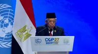 Wakil Presiden Ma'ruf Amin memberikan pidato dalam acara Konferensi Tingkat Tinggi (KTT) Perubahan Iklim PBB atau Conference of the Parties (COP) ke-27, Mesir, Selasa (8/11/2022). (Dok. BPMI Setwapres)