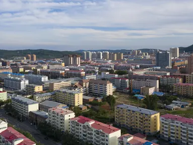 Foto dari udara pada 8 Agustus 2020 menunjukkan pemandangan Kota Fuyuan di Provinsi Heilongjiang, China timur laut. Kota Fuyuan berhasil mengentaskan kemiskinan dengan mengembangkan pariwisata, perdagangan, pertanian modern, berbagai industri jenis baru, dan perikanan yang khas. (Xinhua/Xie Jianfei)