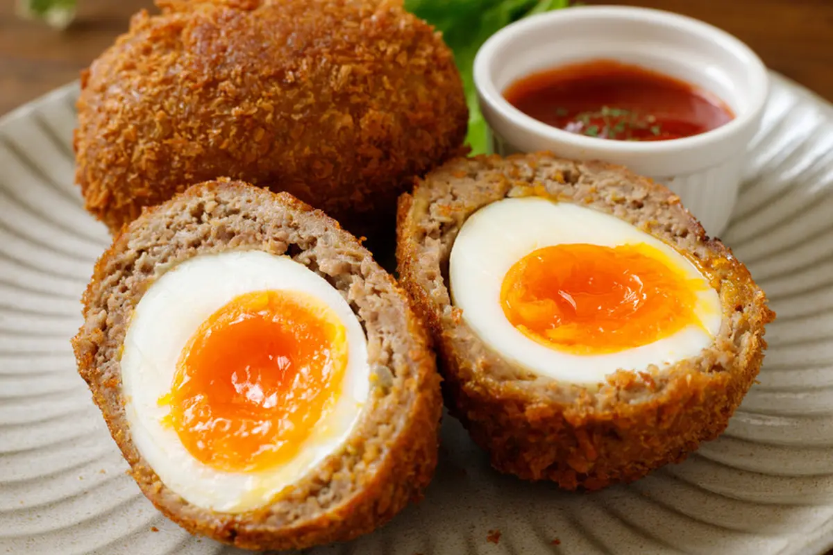 telur rebus kepal daging goreng
