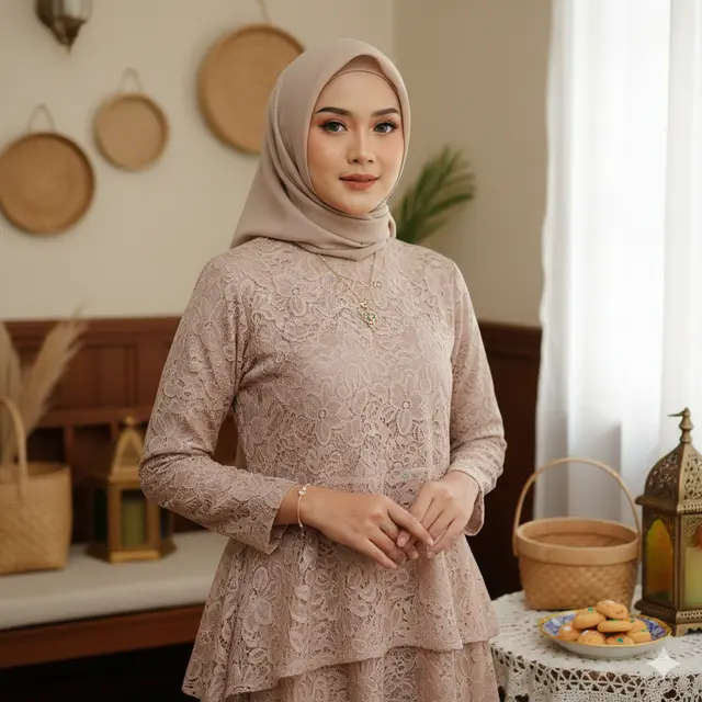 Model Gamis Layer Brokat untuk Lebaran 2026 (Foto: Gemini AI)