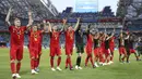 Para pemain Belgia melakukan selebrasi usai mengalahkan Panama pada laga Piala Dunia 2018 di Stadion Fisht, Senin (18/6/2018). Belgia menang 3-0 atas Panama. (AP//Matthias Schrader)