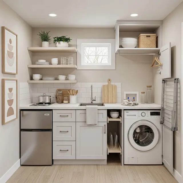 Desain Dapur Kecil dan Area Laundry dalam Satu Ruang