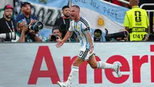 Pemain Argentina Alexis Mac Allister merayakan setelah mencetak gol pembuka timnya selama pertandingan perempat final Piala Dunia antara Argentina dan Swiss di Kansas City, Mo., Sabtu, 11 Juli 2026. (AP Photo/Ed Zurga)