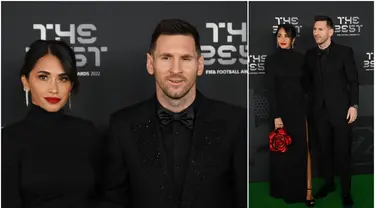 Foto kolase pemain Paris Saint-Germain asal Argentina, Lionel Messi dan istrinya Antonela Roccuzzo saat menghadiri acara The Best FIFA Football Awards 2022 di Paris, Prancis, 27 Februari 2023. (FRANCK FIFE/AFP)