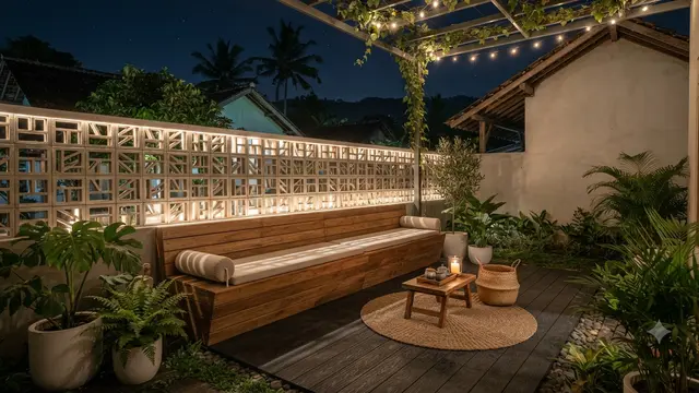 Desain Outdoor Lounge Konsep Japandi untuk Rumah Kecil, Cara Maksimalkan Ruang dan Fungsinya Model Kombinasi Roster dengan Bangku Kayu Minimalis