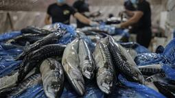 Ikan telah menjadi lauk utama bagi sebagian besar warga Gaza di hari pertama Idul Fitri karena diyakini bisa menambah nafsu makan dan bermanfaat untuk perut setelah sebulan lamanya berpuasa. (Photo by SAID KHATIB / AFP)