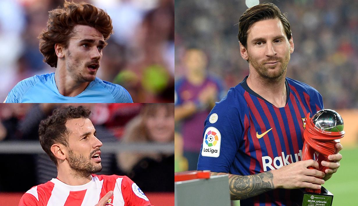 Lionel Messi semakin memperkokoh posisinya di puncak raihan pencetak gol terbanyak La Liga Spanyol. The Messiah mencetak satu gol tunggal kemenangan Barcelona atas Real Valladoid di Camp Nou. (Kolase Foto AFP)