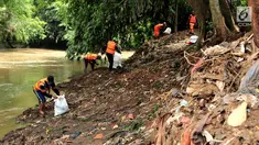 Sejumlah petugas PPSU atau pasukan oranye menggunakan karung mengumpulkan rumput liar dan sampah mengendap di tepi kali Ciliwung, Lenteng Agung , Jakarta, Sabtu (28/10). Hal itu dilakukan demi menjaga kebersihan kali Ciliwung. (Liputan6.com/Helmi Afandi)