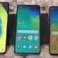 Deretan smartphone baru Samsung, yakni Galaxy S10, Galaxy S10 Plus, dan Galaxy s10e. Liputan6.com/ Andina Librianty