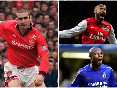 Eric Cantona merupakan pemain asal Prancis yang melegenda bersama Manchester United di kompetisi Liga Inggris. Selain Cantona ada beberapa pemain asal Prancis yang juga menjadi legenda di Inggris. Berikut Eric Cantona dan 5 legenda Liga Inggris asal Prancis. (kolase foto AFP)