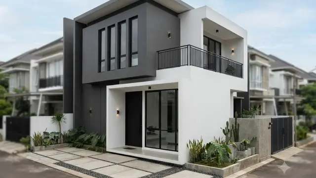 Fasad Monokrom dengan Garis Geometri yang Modern