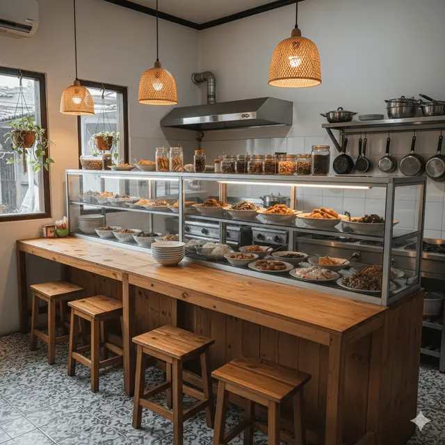 Desain Warung di Rumah yang Menyatu dengan Dapur. Gemini