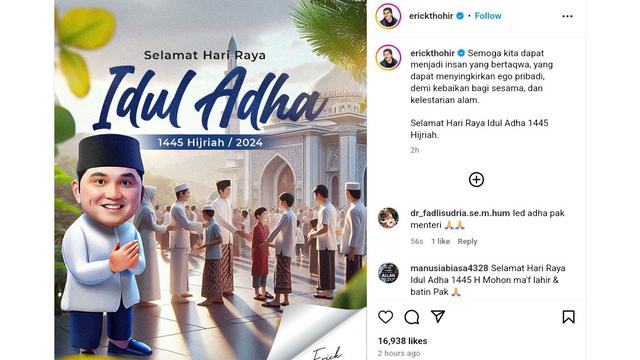 Menteri BUMN Erick Thohir menyampaikan doa dan harapannya di momen perayaan hari raya Idul Adha 1445 Hijriyah.