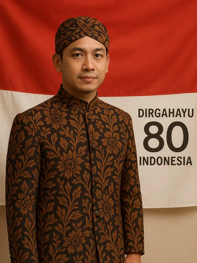 Model Beskap & Belangkon untuk Pria untuk Peringatan Hari Kemerdekaan 17 Agustus 1945 (Image by ChatGPT)