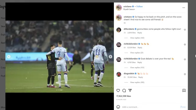 Lionel Messi dan Cristiano Ronaldo berangkulan
