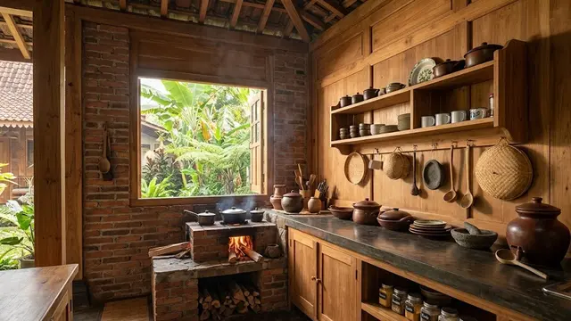 Dapur Tungku Kayu dengan Dominasi Material Kayu Alami