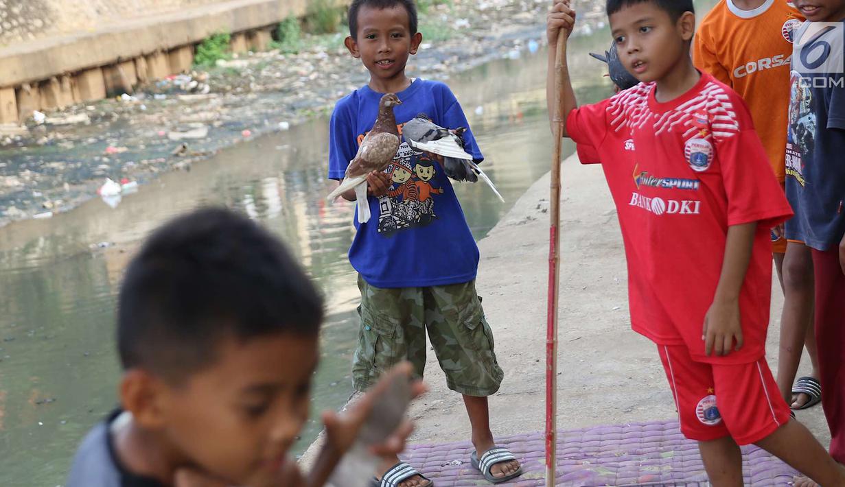 Seorang anak memegang burung dara di bantaran anak Sungai Ciliwung, Jakarta, Rabu (6/6). Meskipun tidak layak sebagai tempat bermain, namun lokasi itu menjadi tempat bagi anak-anak untuk menunggu waktu berbuka. (Liputan6.com/Immanuel Antonius)