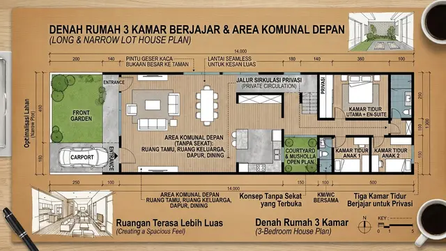 Denah Rumah 3 Kamar Tanpa Sekat untuk Lahan Memanjang (AI Generated)
