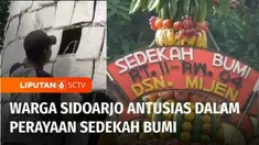 Warga antusias menghadiri perayaan sedekah bumi Kabupaten Sidoarjo, Jawa Timur. Sedekah bumi yang telah menjadi tradisi ini merupakan perayaan menyambut datangnya Bulan Ramadan. Di akhir perayaan warga berebut tempe yang telah diarak.