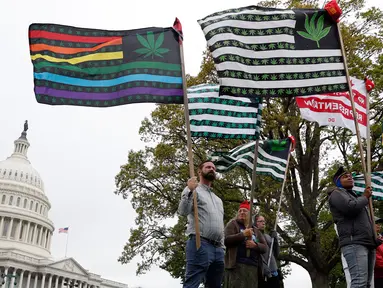 Sejumlah aktivis mengibarkan bendera yang bergambar daun ganja di dekat gedung Capitol di Washington (24/4). Mereka menggelar aksi tersebut untuk  mendukung legalisasi ganja. (AP Photo/Alex Brandon)