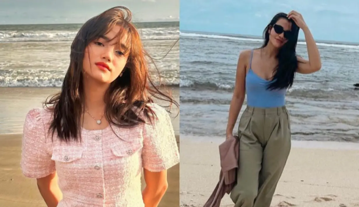 Berada di pantai keduanya memiliki gaya berbeda. Fuji dengan dress tweed pink berkancing. Dan Aaliyah tampil dengan atasan spaghetti strap baby blue dipadukan celana panjang. [@fuji_an/@aaliyah.massaid]