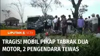 Kecelakaan adu banteng antara mobil pikap dan dua sepeda motor terjadi di Klaten, Jawa Tengah. Akibat peristiwa itu, dua orang tewas.