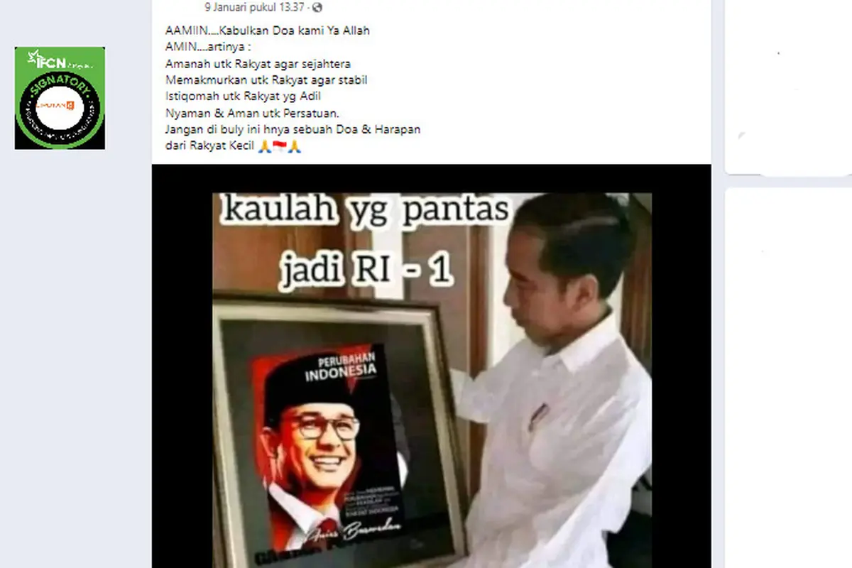 Tangkapan layar klaim foto Jokowi pandangi gambar Anies Baswedan yang pantas jadi RI 1