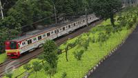 KRL melintas di samping taman yang berada di kawasan Rawajati, Jakarta, Rabu (17/5). Lahan seluas 2.200 meter persegi di bantaran rel KA yang dulu kumuh kini telah menjadi ruang terbuka hijau baru di Ibu Kota. (Liputan6.com/Immanuel Antonius)
